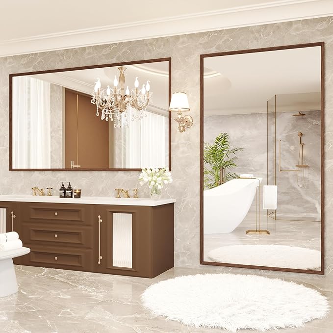 Rectangle Walnut Bathroom Mirror 55x30 Inch, Anti-Rust 4MM Tempered Glass, Modern Vanity Mirror for Bathroom, Horizontal or Vertical Wall Mount