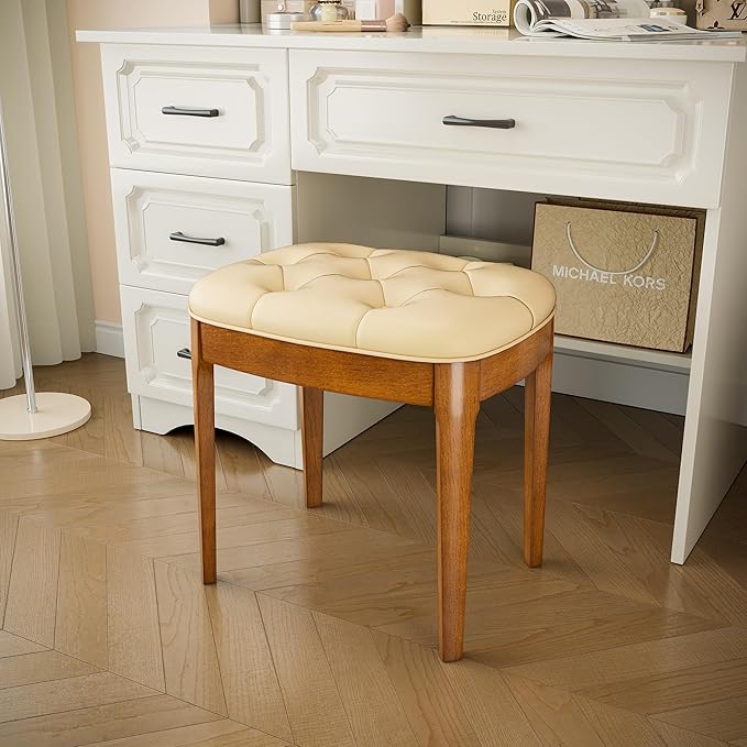 Solid Wood Button Tufted Vanity Stool, Ottoman Stool with Wood Legs & Padded Seat PU Leather Upholstered Piano Bench with Non-Slip Foot Pads Accent Chair for Bedroom Entryway, Beige