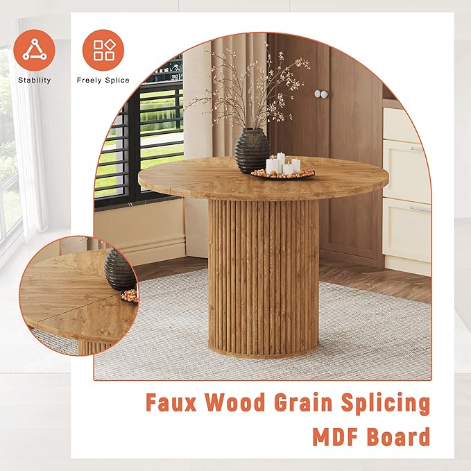 AZmac Round Dining Table Set for 6, Wooden Round Table 7-Piece with Modern Farmhouse Dining Table and 6 Suede Leather Chairs for Kitchen Dining Room, Wooden Table + 6 Saddle Brown Chairs
