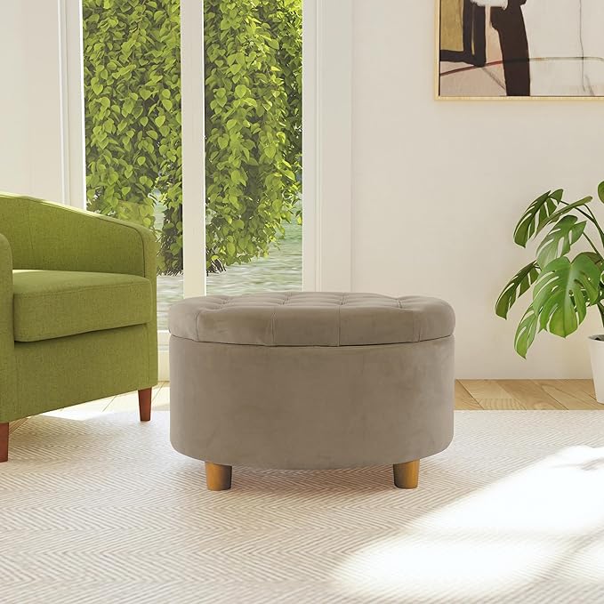 HomePop Home Decor | Button Tufted Velvet Round Storage Ottoman | Ottoman with Storage for Living Room & Bedroom, Fawn Velvet