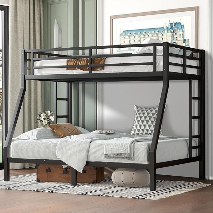 Twin Over Full Bunk Bed Frame, Heavy Duty Metal Loft Bed for Adults/Teens, 250/350LB Capacity w/Ladder & Guardrail, Noise-Free Steel Slats, No Box Spring Required, Black