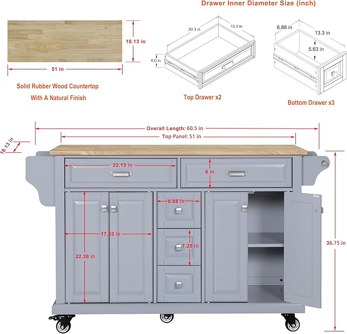 Generic 60.5"" Kitchen Island on Wheels, Rolling Island Table for Kitchen with Double Storage Cabinet and 5 Drawers, Portable Kitchen Cart with Rubber Wood Top, Grey, Large
