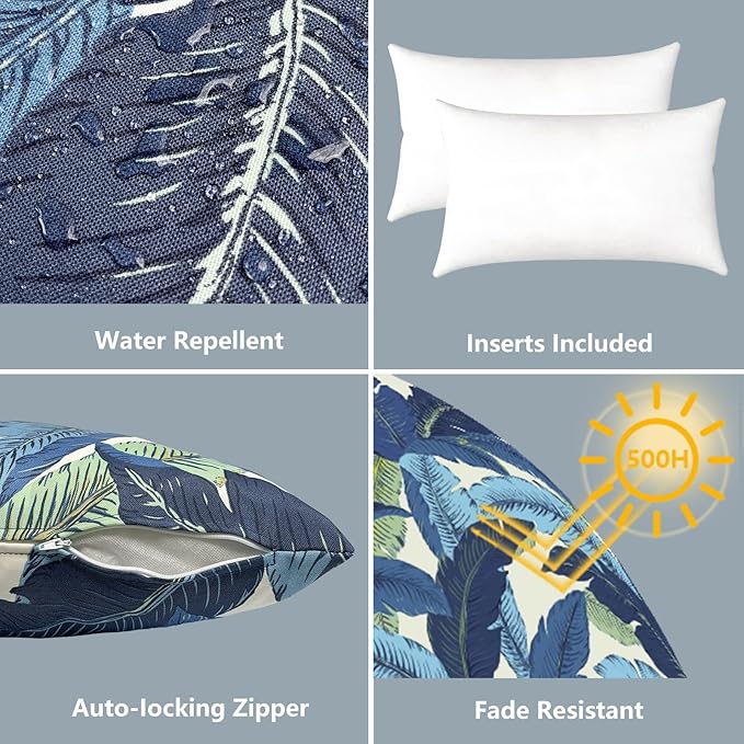 LVTXIII 12×20 Inch Outdoor Lumbar Pillows, Pack of 2 Water Repellent Lumbar Pillow with Inserts, Fluffy Decorative Garden Lumbar Cushions for Home Patio Coach Sofa Use, Swaying Palms Blue