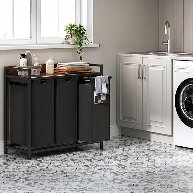 Laundry Hamper with Shelf, Laundry Basket 3 Section, Laundry Sorter with Pull-Out Removable Large Bags and Movable Wheels, Metal Frame, 3 x 15.87 Gallons (60L), Rustic Brown + Blck PF04XLY