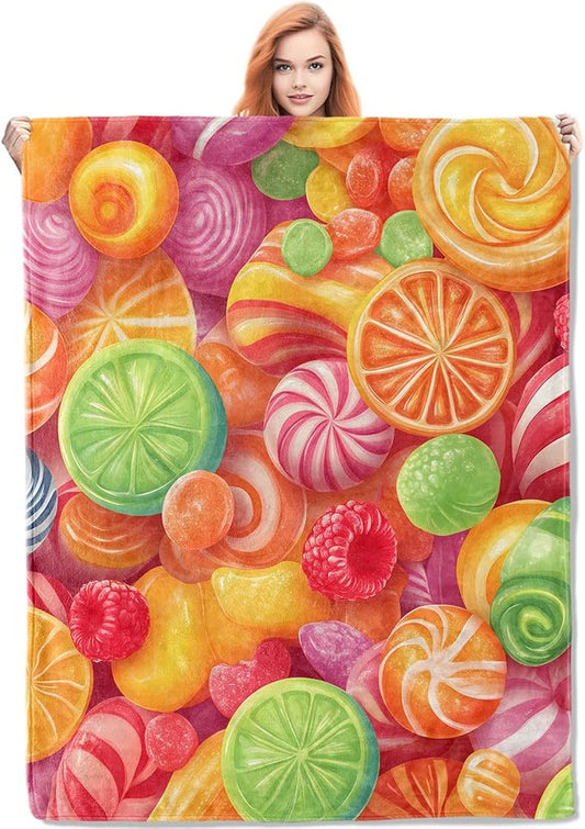 Candy Dream Flannel Blanket, Candy Thanksgiving Gifts, Colorful Candy Blanket for Women, Soft Lightweight Throw Blankets for Bed Home Travel Decor 50" x 60"