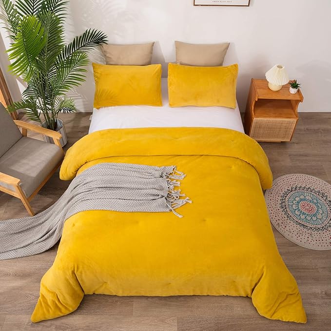 Cottonight Yellow Velvet Comforter Set Full Women Men Mustard Yellow Flannel Plush Fluffy Bedding Comforter Set Full Warm Heavyweight Winter Shearp Micromink Quilts Comforter Soft Comfy