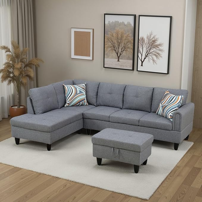 L Shaped Couch Sectional Couches with Chaise and Storage Ottoman, 3 Pieces Modular Convertible Sofa for Living Room Furniture Sets and Small Apartment, Light Grey