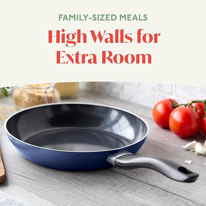 Deco 11” Nonstick Frying Pan Skillet, Made in Italy, Diamond Ceramic PFAS-Free, Dishwasher & Metal Utensil Safe, Durable Gloss Enamel Finish, Stay-Cool Handle, High Walls-Extra Room, Blue