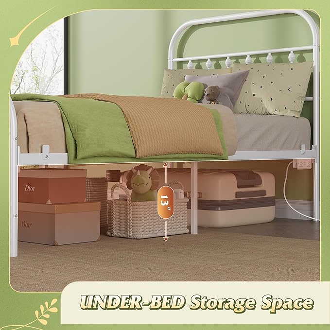 WLIVE Twin Bed Frames with Storage, Twin Bed Frame with LED Lights and Charging Station, Metal Platform Bed Frame with Headboard, White