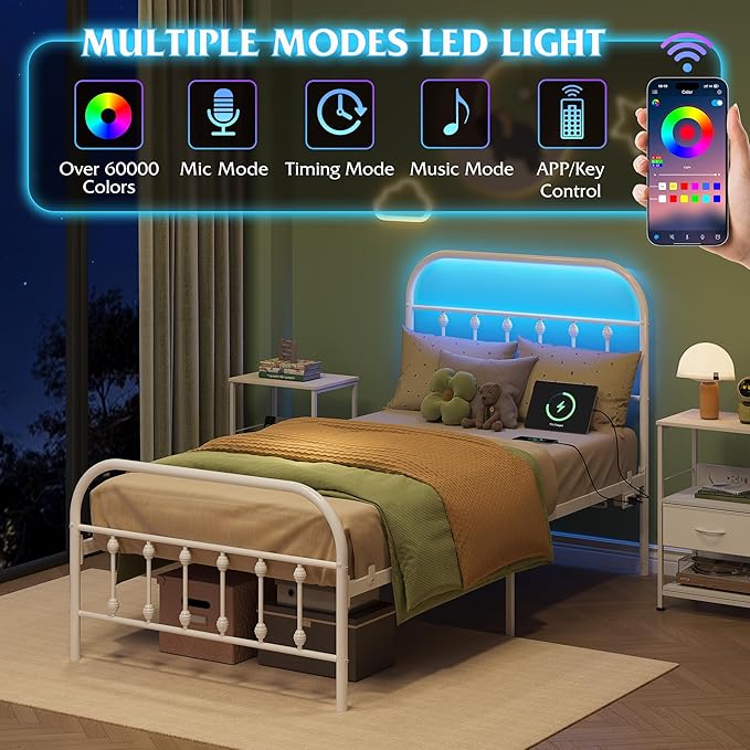 WLIVE Twin Bed Frames with Storage, Twin Bed Frame with LED Lights and Charging Station, Metal Platform Bed Frame with Headboard, White