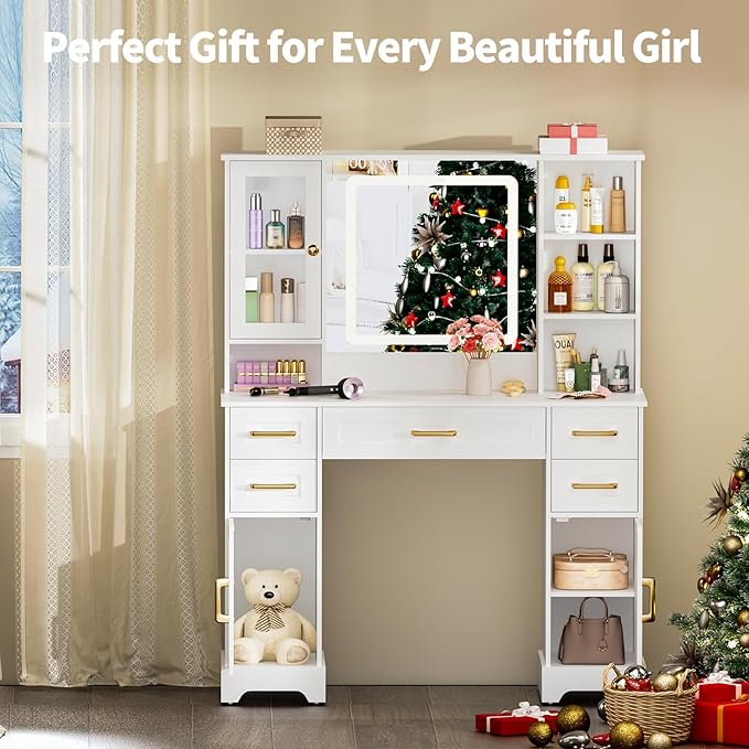 Makeup Vanity Desk with Mirror and Lights - 55.2in Vanity Table with 5 Drawers & Adjustable Cabinets, Large Makeup Vanity, Wood Farmhouse Dressing Table White Vanity Desk for Bedroom, 3 Lighting Modes