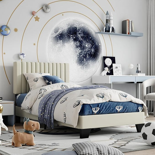 Twin Size Bed Frame, Velvet Upholstered Platform Bed with Adjustable Tufted Headboard, Sturdy Frame and Slats, No Noiseless, No Box Spring Required, Easy Assembly, Beige