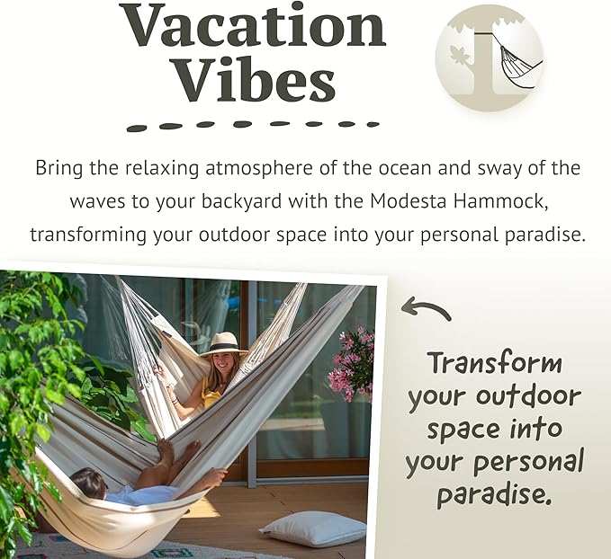 LA SIESTA Modesta Organic Cotton Hammock - Indoor Outdoor, Bedroom Backyard Porch Patio Tree - Extra Large Fabric Bed, 2 Person - Max 440 Lbs, King, Nougat