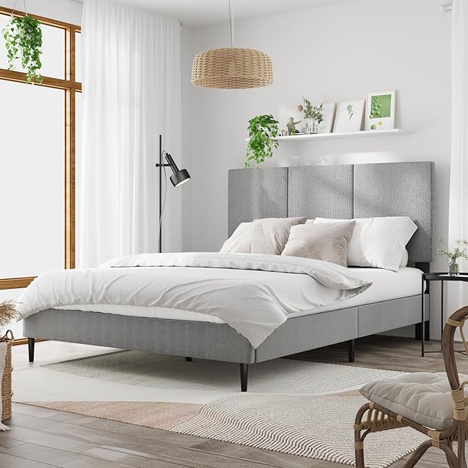 Queen Size Bed Frame with Headboard, Vertical Channel Fabric Heavy Duty Queen Platform Bed Frame, No Springs Required, Easy to Assemble, Grey