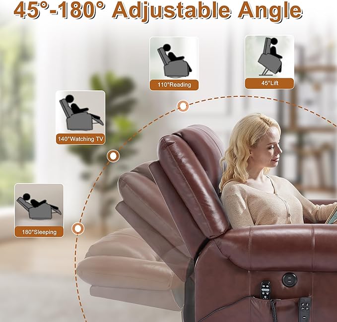 Power Lift Recliner Chair for Elderly, Dual Motor Massage Recliner with Lumbar Heat, Heavy Duty Motion Mechanism Lift Chair with Charge Ports, Genuine Leather - Red