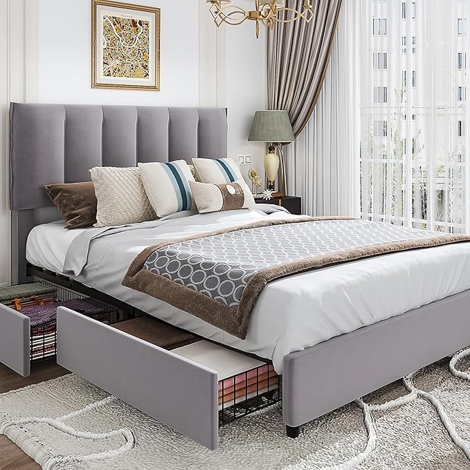 VECELO Queen Upholstered Bed Frame with 4 Storage Drawers and Adjustable Velvet Headboard, Heavy-Duty Platform bedframe, No Box Spring Needed, Dark Grey