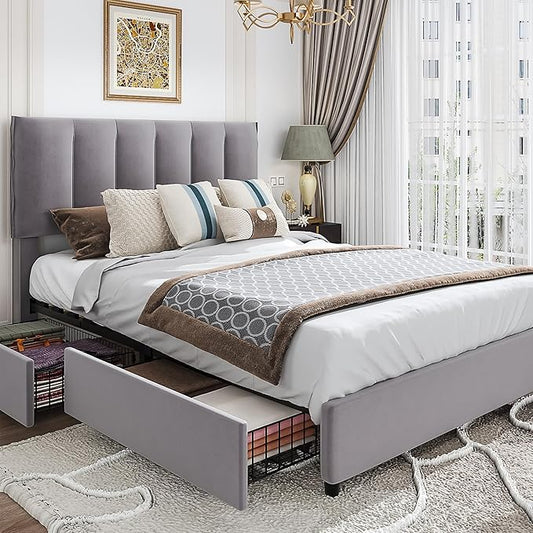 VECELO Queen Upholstered Bed Frame with 4 Storage Drawers and Adjustable Velvet Headboard, Heavy-Duty Platform bedframe, No Box Spring Needed, Dark Grey