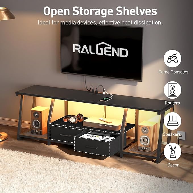 LED TV Stand with Fabric Drawers for 75 Inch TV, Entertainment Center with Power Outlets and Open Storage Shelves, Industrial Media TV Console Table for Living Room, Bedroom, Black