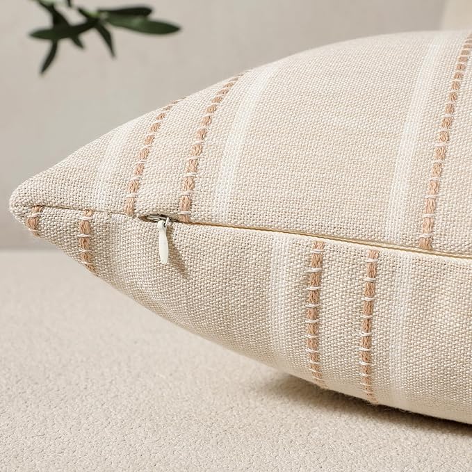 Hckot Throw Pillow Covers 24x24 Set of 2 Striped Pillow Covers Textured Linen Decorative Pillows Square Cushion Covers for Sofa Couch Bed Living Room Farmhouse Decor