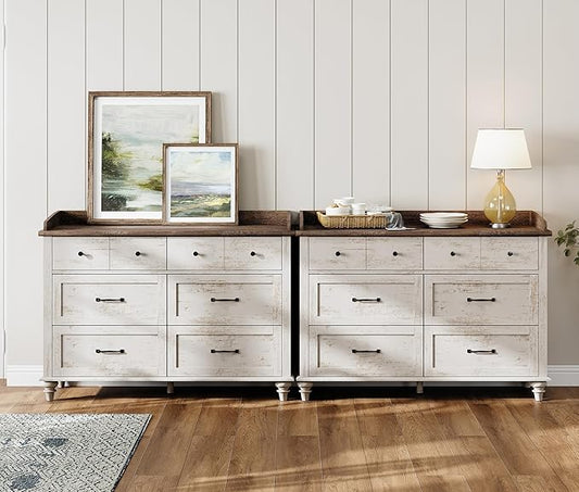 WAMPAT Wood Dresser Set of 2, Mid Century Modern Chest of Drawers, Wide Kids Dressers with 6 Drawers for Bedroom Living Room Entryway;Rustic White