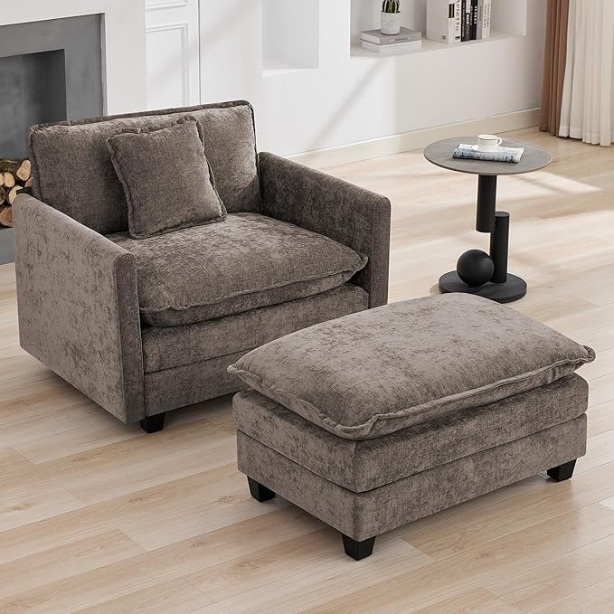 41'' Modern Chenille Oversized Chair, Upholstered Accent Living Room Chair with Extra Thicked Deep Seat, Single Lounge Chair for Bedroom, Small Apartment, Brown