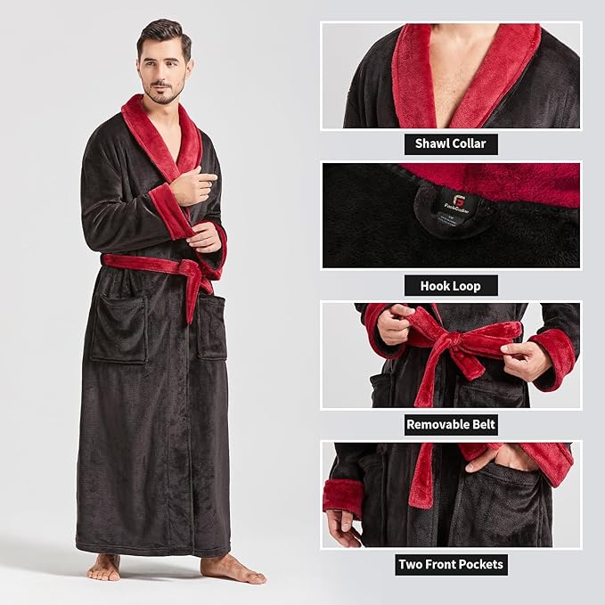 FashGudim Mens Robes Big and Tall Full Length Plush Fleece Long Robe for Men Bathrobe Shawl Collar Warm Winter House Robes
