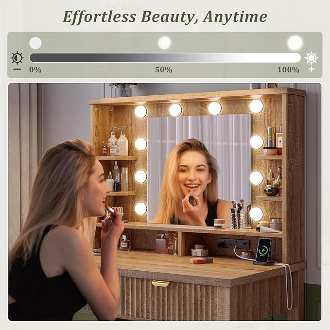 Vanity Desk with HD Mirror and 3-Color Adjustable Lights, Fluted Makeup Vanity with Storage Stool, 2 Large Drawers & Charging Station, Small Vanity for Women's Bedroom, Dressing Room, Oak