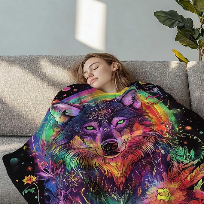 Wolf Blanket for Adults, Wolf Gifts for Women and Men, Perfect Animal Colorful Home Decor, Lightweight Fleece, 50x60 Inches