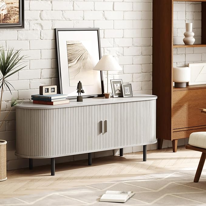 55" TV Stand with Power Outlet for TVs up to 60 Inch, Entertainment Center with Storage and Adjustable Shelves, Modern Media Console with Sliding Doors for Living Room, Natural White