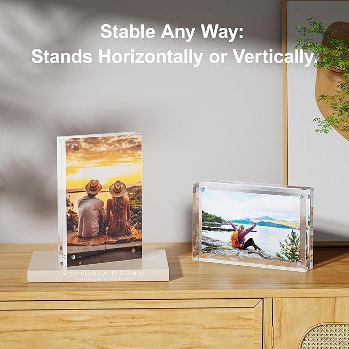 5 Pack 4x4 Acrylic Picture Frames - 20% Thicker Double Sided Magnetic Frame with UV Protection - Freestanding Clear Frameless Display for Tabletops - Modern Photo Frame Set for Home & Office Decor