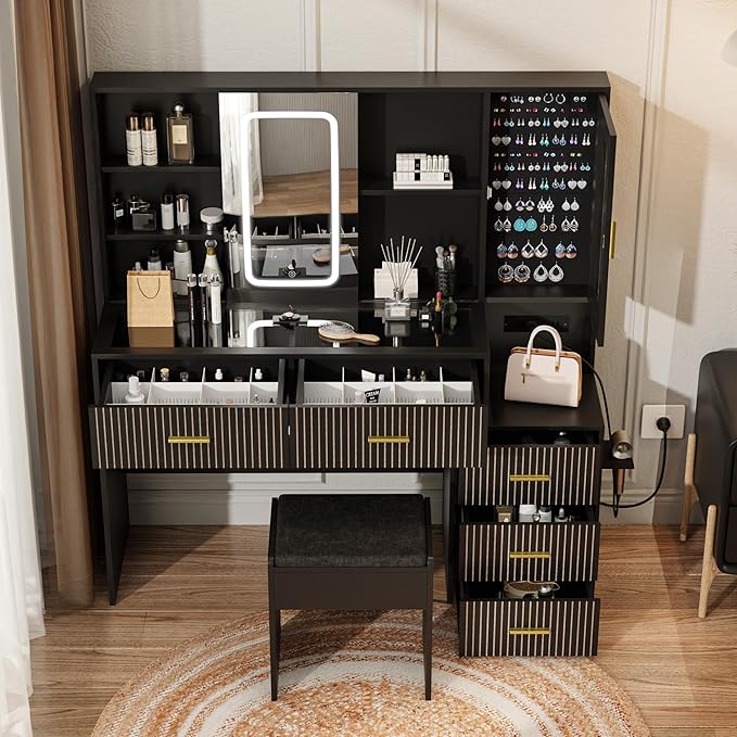 Large White Vanity Desk with Mirror and Lights，Vanity Table Makeup Vanity 5 Drawers with Power Strip Charging Station，Cushioned Stool for Bedroom, Dressing Room (Black)