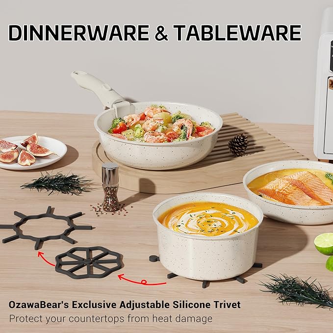 26 Pcs Pots and Pans Set Non Stick, Ceramic Cookware Set Non Toxic with Detachable Handles, Healthy Induction Cookware Dishwasher Oven Safe RV Kitchen Set, PFAS PFOA & PTFE Free, Cream White