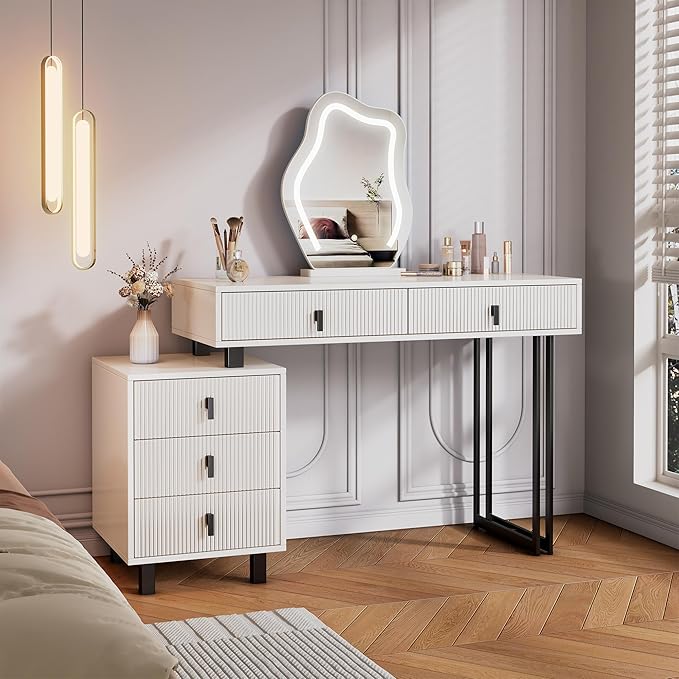 Vanity Desk with Mirror and Lights| Small Makeup Vanity Set with Adjustable Cabinet & 5 Drawers Storage| Modern Dressing Table for Small Spaces & Bedroom(White and Black)