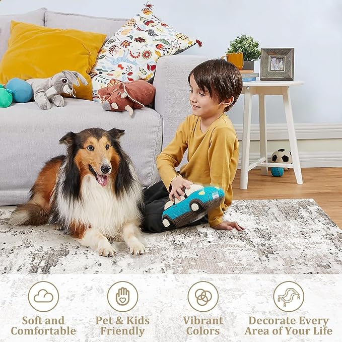 Modern Abstract Area Rug 3x5 Non Slip Non Shedding Rug Low Pile Stain Resistant for Bedroom Living Room,Taupe/Beige