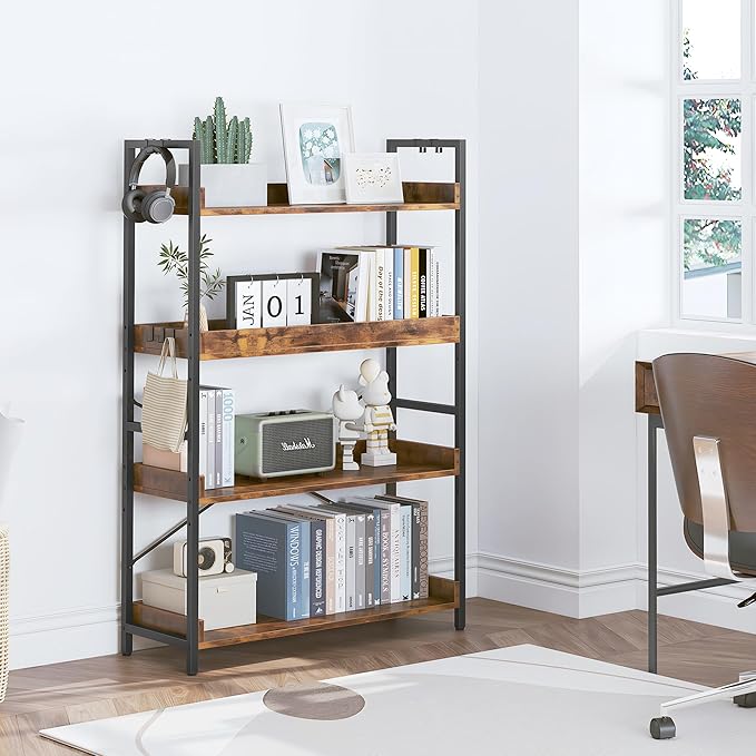 HCHQHS 4 Tier Bookshelf, Adjustable Industrial Bookcase, Vertical Tall Book Shelf, Wood and Black Metal Open Bookshelves for Home Office, Living Room, Bedroom