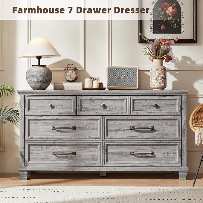 Farmhouse 7 Drawer Dresser for Bedroom, 54” Wide Dresser for Closet, Large Rustic Wooden Dressers, Chest of Drawers for Bedroom, Living Room, Entryway, Grey