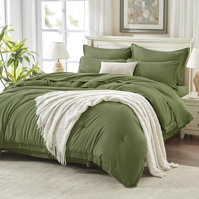 Andency California King Size Comforter Set with Sheets Olive Green - 7 Pieces Cal King Bed in a Bag Boho Bedding Sets, Dark Green Fringe Bed Set with Comforter, Sheets, Pillowcases & Shams