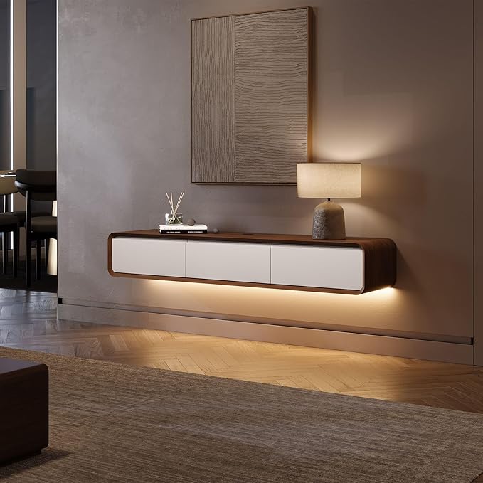 POVISON Fully-Assembled 63" Minimalist Floating TV Stand with LED Lights, Modern Wall-Mounted Media Console with 3 Flip-Down Cabinet Doors for 55 Inch TV