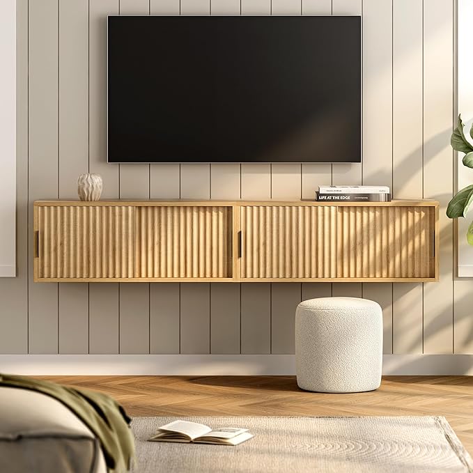 Fluted Floating TV Stand Set of 2, 30" Multi-Purpose Modern TV Display Shelf Console Entertainment Center Cabinet with Sliding Doors for Bedroom Living Room Entryway, Natural Oak
