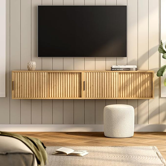 Fluted Floating TV Stand Set of 2, 30" Multi-Purpose Modern TV Display Shelf Console Entertainment Center Cabinet with Sliding Doors for Bedroom Living Room Entryway, Natural Oak