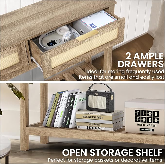 Console Tables with 2 Drawers,Rattan Entryway Table with Storage Shelf,Wood Boho Foyer Tables for Entryway,Farmhouse Console Tables for Living Room,Hallway, Sofa Table,Study Or TV Wall