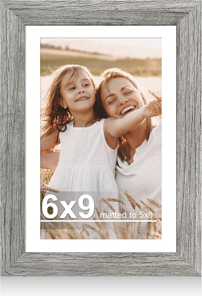 6x9 Picture Frame with Glass, Display Pictures 5x8 with Mat or 6 x 9 without Mat - Wall and Tabletop, 6 by 9 Photo Wooden Frames (Grey, 1 Pack)