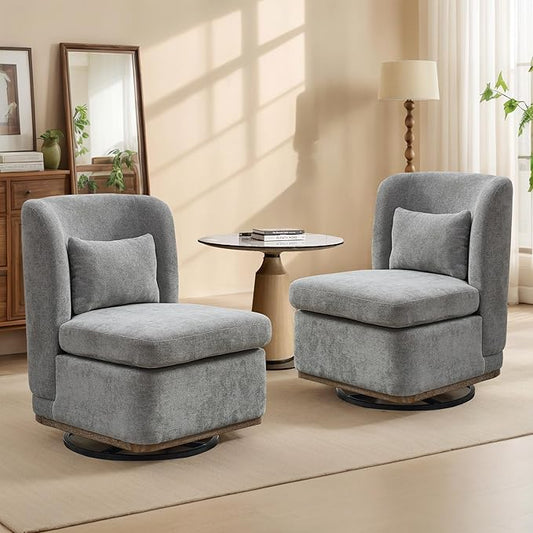 Chifee & Vingol 25.2 "W Chenille Armless Swivel Accent Chair Modern Upholstered Sofa Chair Set of 2 with Pillow, Gray