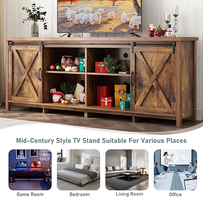 70" Farmhouse TV Stands for 70 75 80inch TV w/Adjustable Shelves,Sliding Barn Door.Wooden Entertainment Center,TV Console Cabinet with Storage for Bedroom Living Room(Brown 70in)