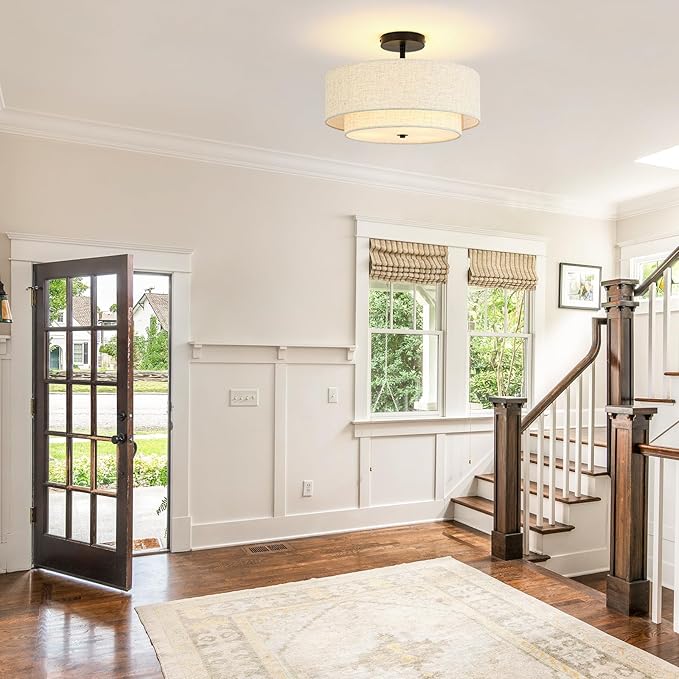 16" Semi Flush Mount Ceiling Light, 3-Light Drum Ceiling Light Fixture with 2-Tier Fabric Linen Shade, Farmhouse Chandelier for Dining Room, Living Room, Bedroom, Kitchen, Hallway, Entryway