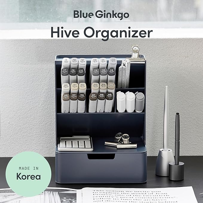 BLUE GINKGO Hive Desk Organizer – Vertical 6-Compartment, Full-drawer Storage – Space-Saving Pen Holder, Stationery Storage – Organizer for Office, School Supplies, Makeup (Made in Korea, Blue)