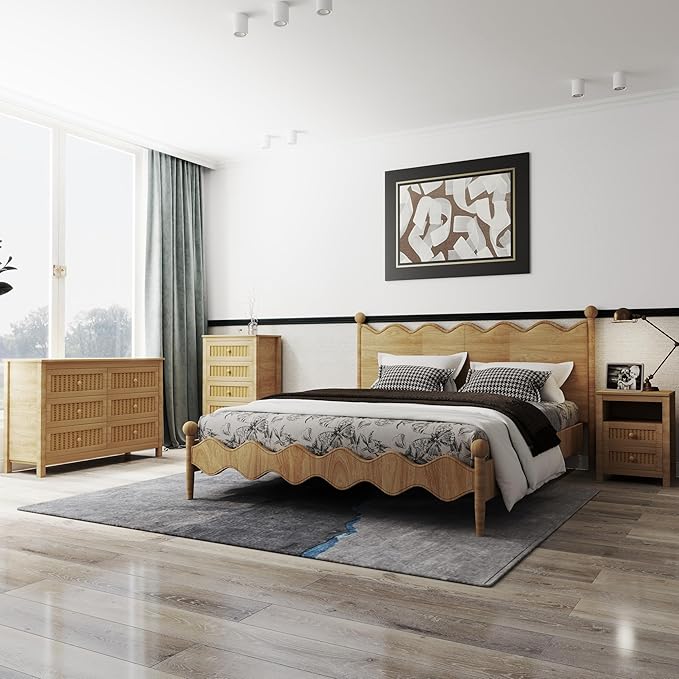 Farmhouse Bedroom Set, 3 Pieces Bedroom Furniture Set, Rustic Wood 6 Drawer Dresser and Nightstands, Chest of Drawers Wide Storage Organizer Cabinet for Bedroom, Light Rustic Naturanl