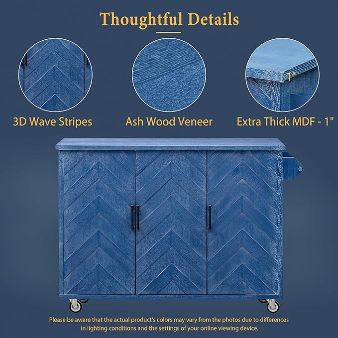 51.2" W 3D Wave Stripes Ash Veneer Kitchen Island with Drop Leaf, Farmhouse Kitchen Island on Wheels with Internal Storage Rack, Rolling Cart, Not Cheap Paper, Navy Blue