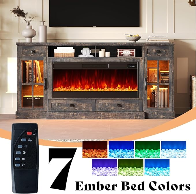 AMERLIFE 70“ Fireplace TV Stand for 80 Inch TV, Farmhouse TV Stand with 42" Fireplace & LED Lights, Entertainment Center with Storage Drawers & Cabinets, Dark Rustic Oak