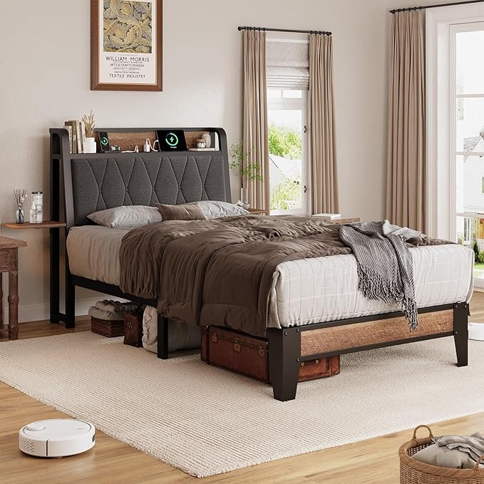 Twin Size Bed Frame with Side Storage Shelf, Ergonomic Upholstered Headboard with Charging Station, Twin Platform Bed Frame, Metal Slats Support, No Box Spring Needed, Easy Assembly, Black